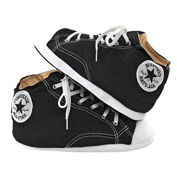 Sneaker slippers that look like high top sneakers. look like black chuck taylors with white laces. 