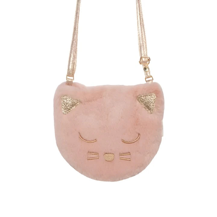 Pink faux fur bag in the shape of a cat head with gold embroidery. gold adjustable crossbody strap