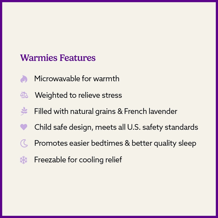List of Warmies product features on a white background with purple border