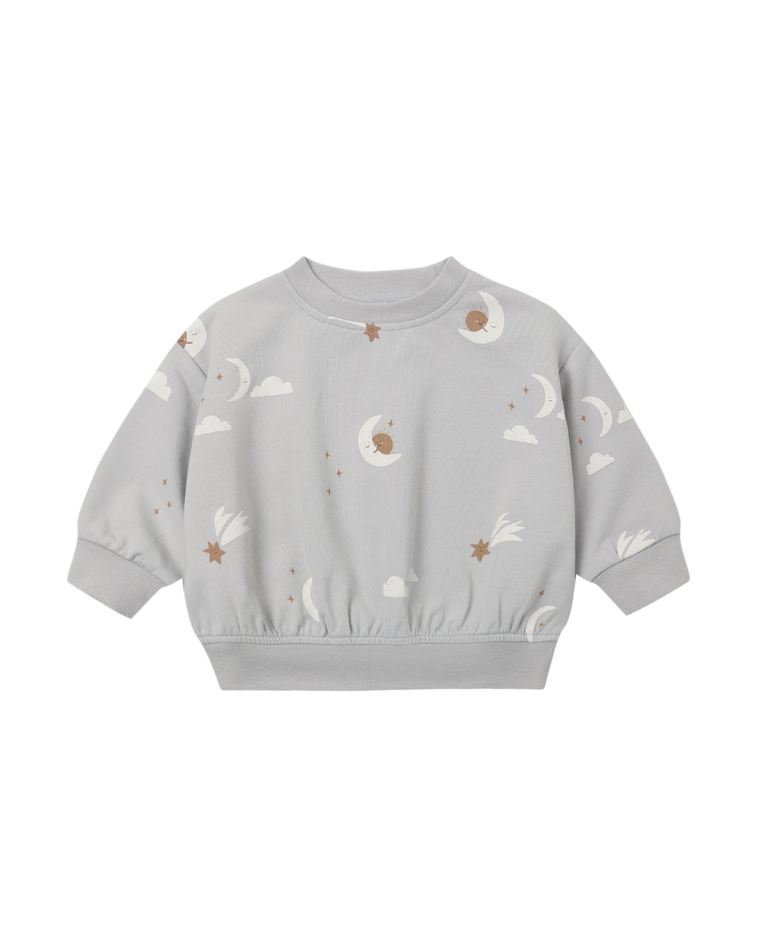 A light gray long-sleeve crewneck sweatshirt with an all-over celestial print of white crescent moons, clouds, and stars with brown centers, shown on a plain white background.