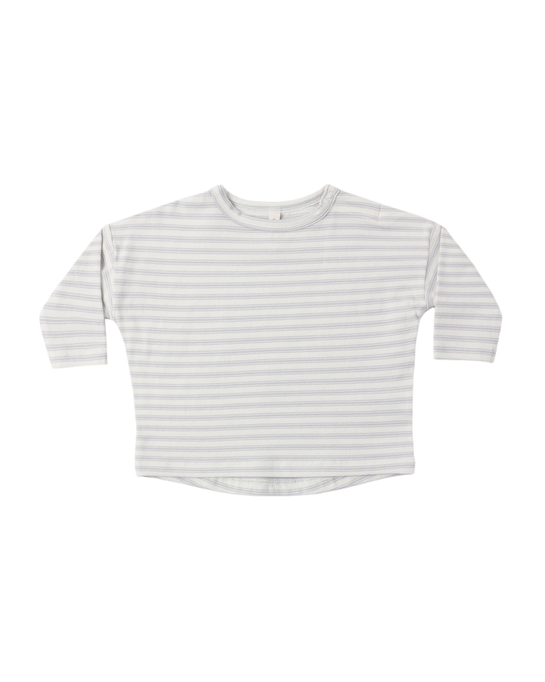 A long-sleeve crewneck shirt with thin horizontal light blue stripes on a white background, laid flat against a white backdrop.