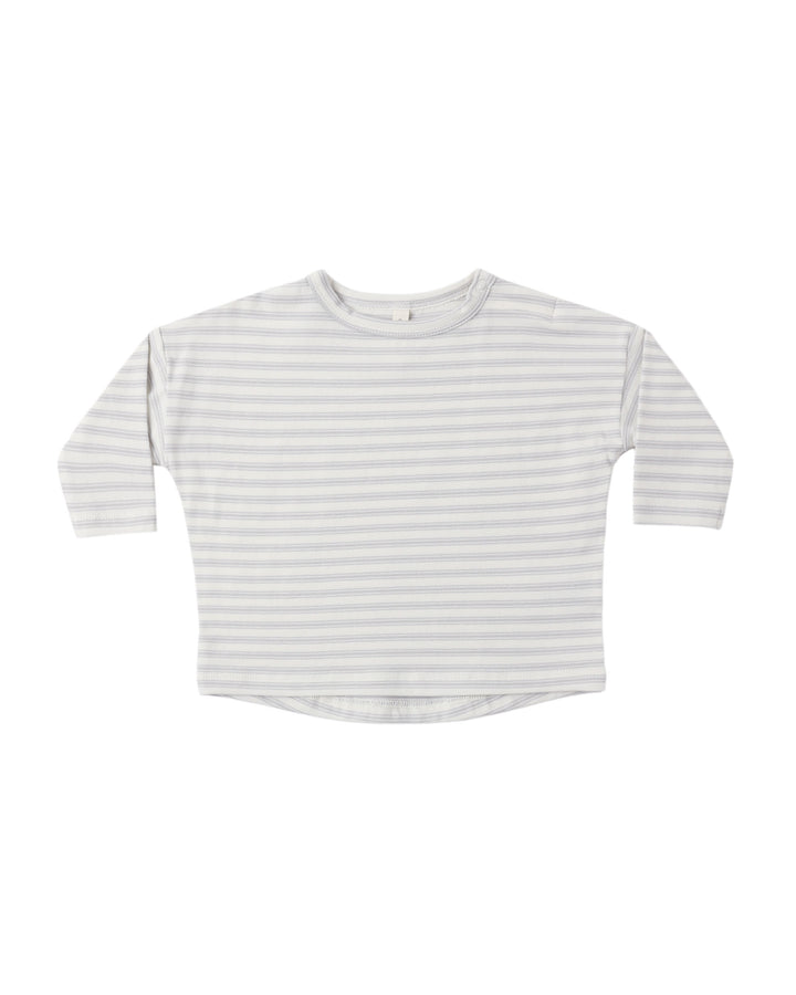A long-sleeve crewneck shirt with thin horizontal light blue stripes on a white background, laid flat against a white backdrop.