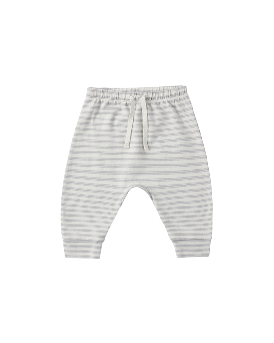 A pair of baby jogger pants with fine horizontal light blue and white stripes, featuring an elastic waistband and drawstring.