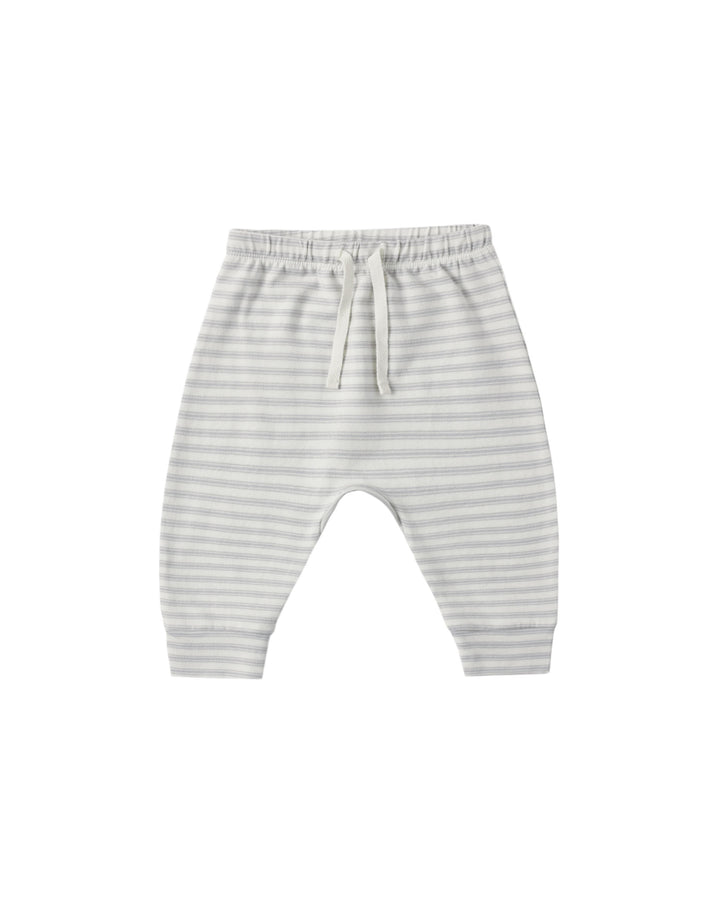 A pair of baby jogger pants with fine horizontal light blue and white stripes, featuring an elastic waistband and drawstring.