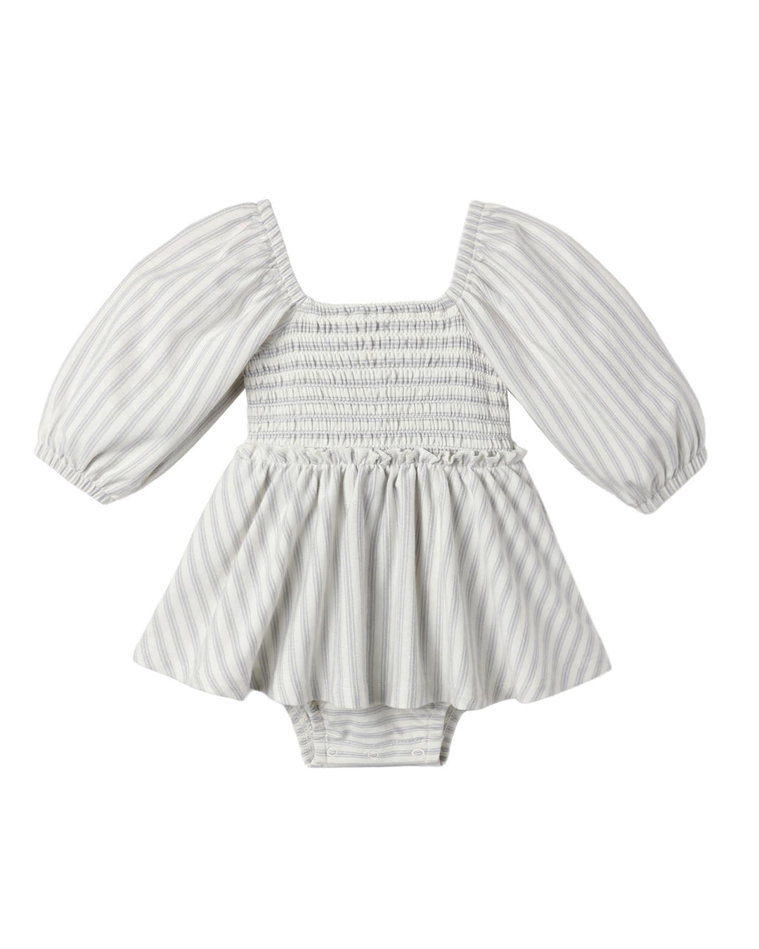 A baby romper with a smocked bodice, puffed sleeves, and a flared ruffle skirt, featuring a light gray and white vertical stripe pattern.