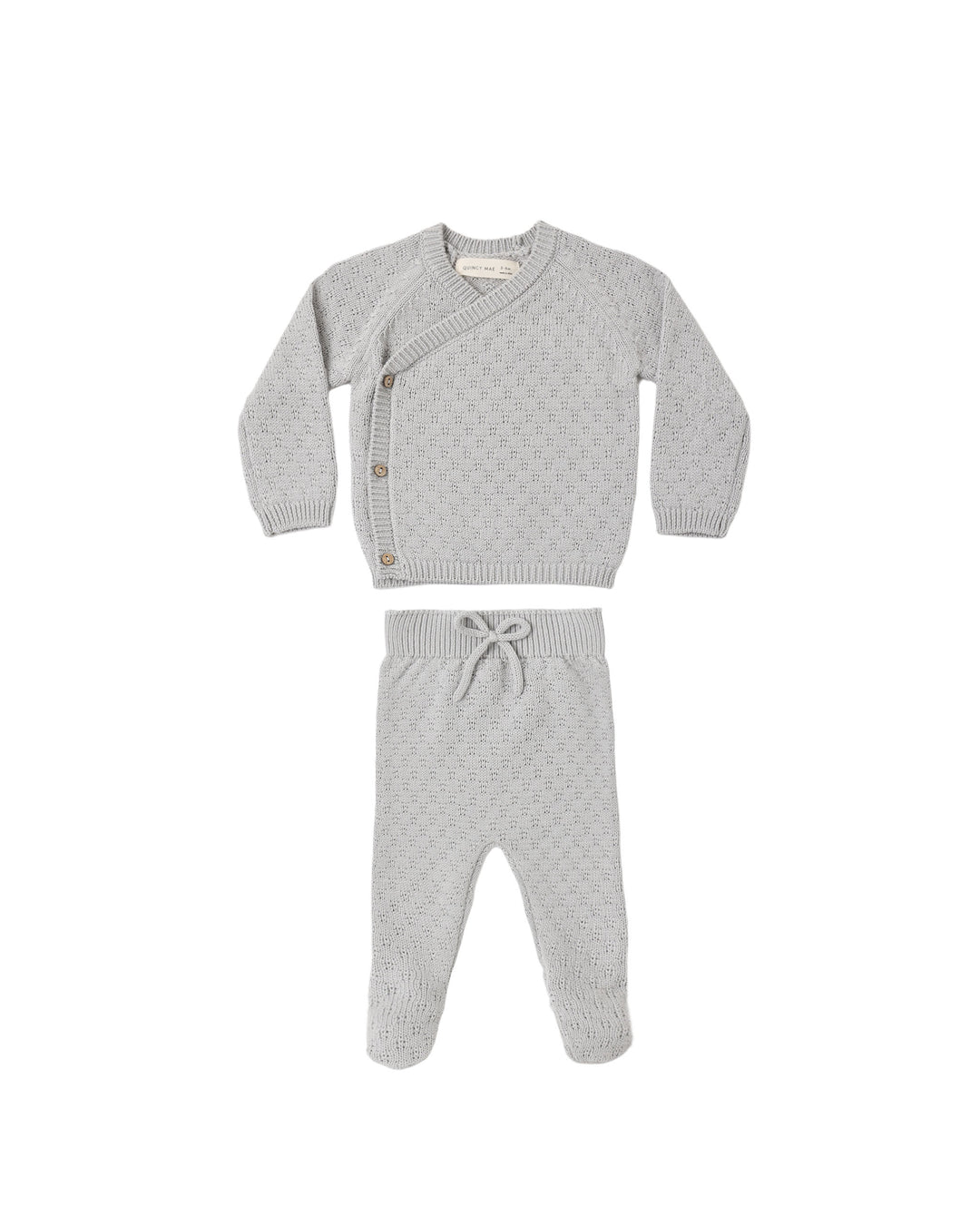 A baby knit two-piece outfit set consisting of a light gray wrap cardigan with snap buttons and matching knit pants with a drawstring waist, displayed on a solid white background.