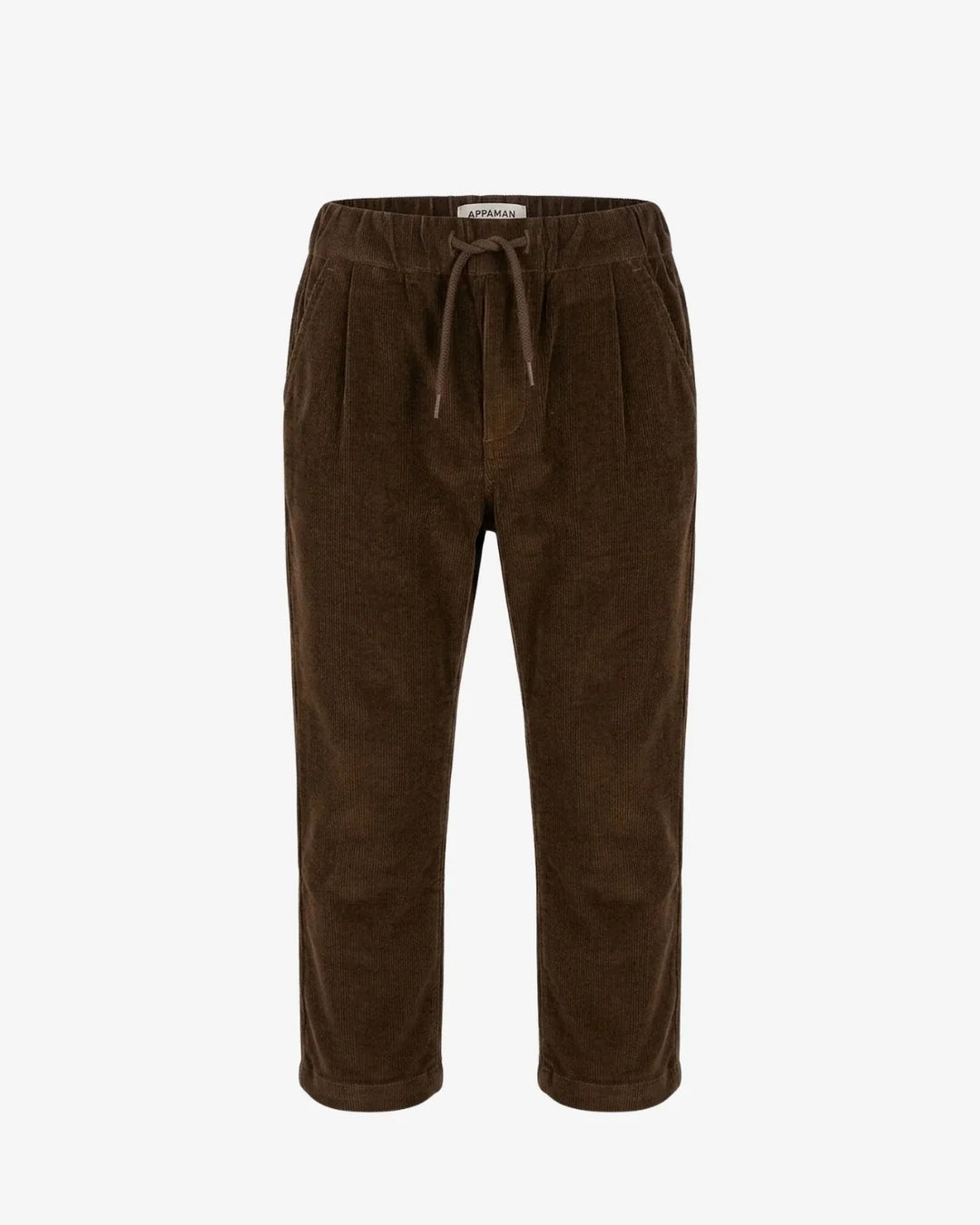 A pair of dark brown corduroy trousers with an elastic waistband and drawstring, shown against a plain light gray background.