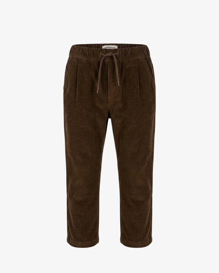 A pair of dark brown corduroy trousers with an elastic waistband and drawstring, shown against a plain light gray background.