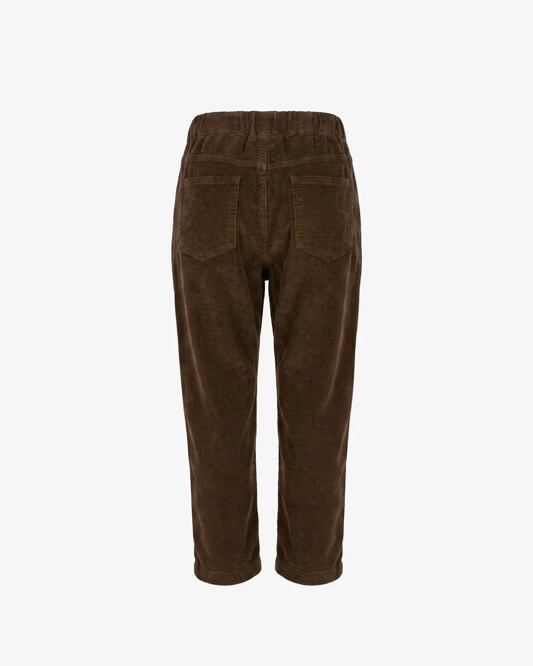 A pair of dark brown corduroy trousers shown from the back, featuring an elastic waistband and two back pockets, set against a plain light gray background.