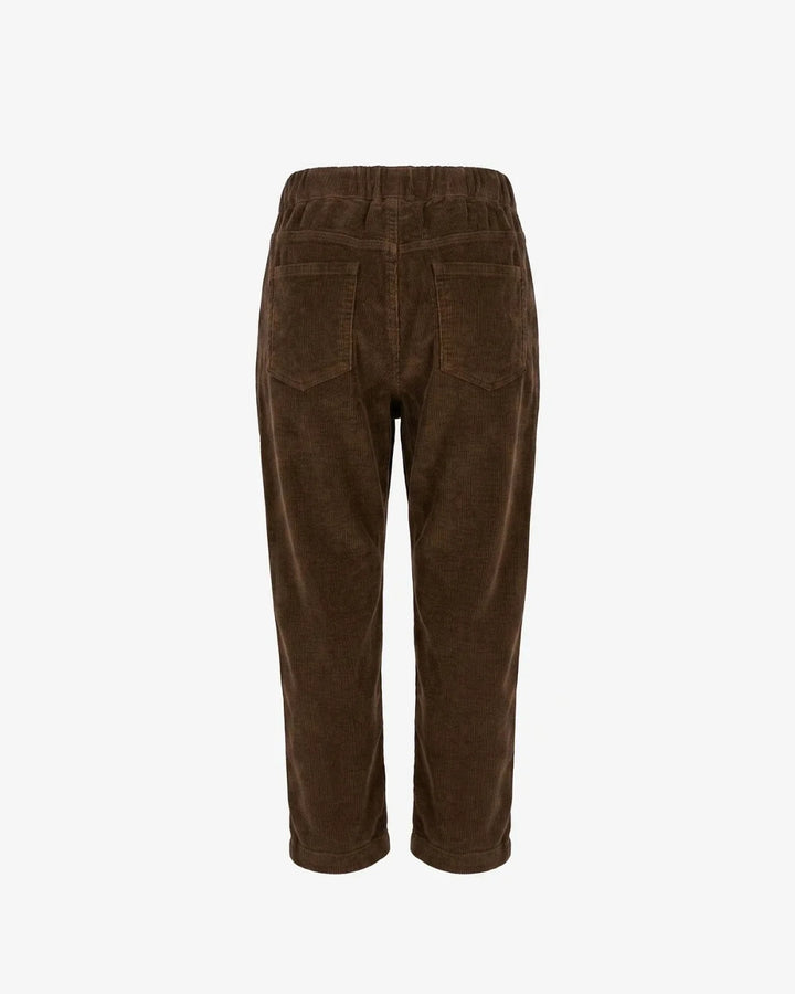 A pair of dark brown corduroy trousers shown from the back, featuring an elastic waistband and two back pockets, set against a plain light gray background.