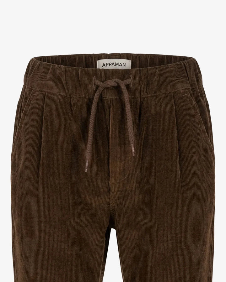 Close-up of a pair of dark brown corduroy pants with an elastic waistband and matching drawstring, featuring a visible 'APPAMAN' brand label.