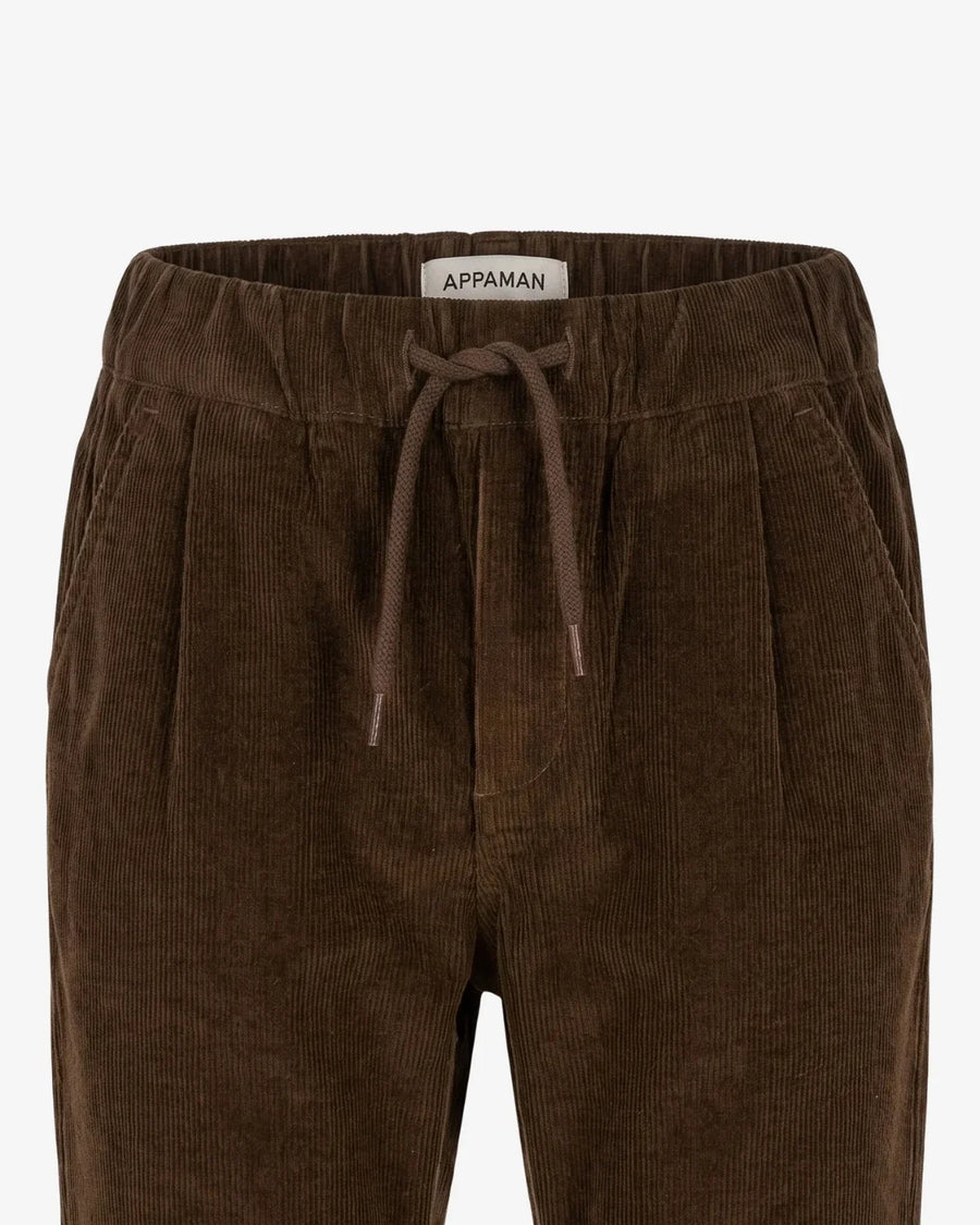 Close-up of a pair of dark brown corduroy pants with an elastic waistband and matching drawstring, featuring a visible 'APPAMAN' brand label.