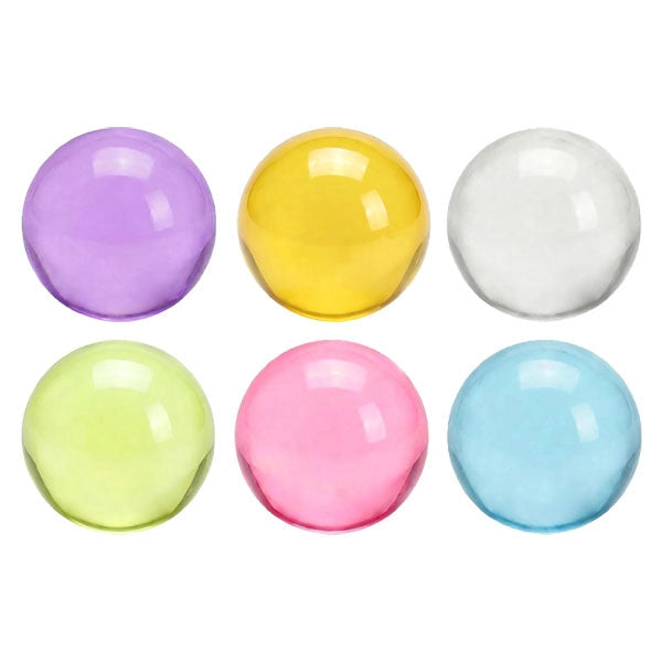 Six translucent glossy spheres in purple, yellow, white, light green, pink, and light blue arranged in two rows on a white background.