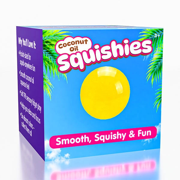 A boxed product labeled 'Coconut Oil Squishies' on a clean white background. The box is bright blue with a large yellow oval representing a squishy, green palm leaves at the top corners, and pink text reading 'Smooth, Squishy & Fun.