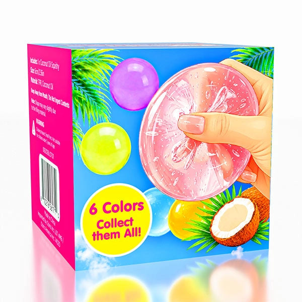 A boxed sensory toy set shown on a white background. The front of the box features a hand holding a translucent pink squishy ball, with colorful circles, palm leaves, a coconut, and text reading '6 Colors Collect them All!'.