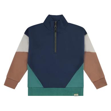 half zip pullover sweatshirt. Navy base with caramel and beige color blocking on the sleeves and green parts of the bottom. 