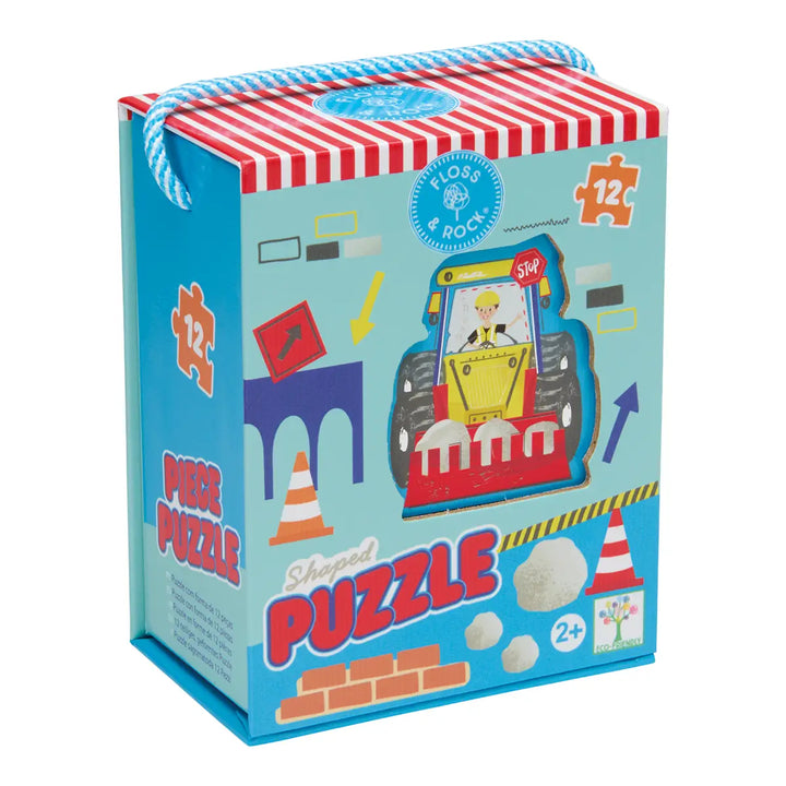 Children's puzzle packaging with a red and blue striped lid and colorful illustrations on a white background.