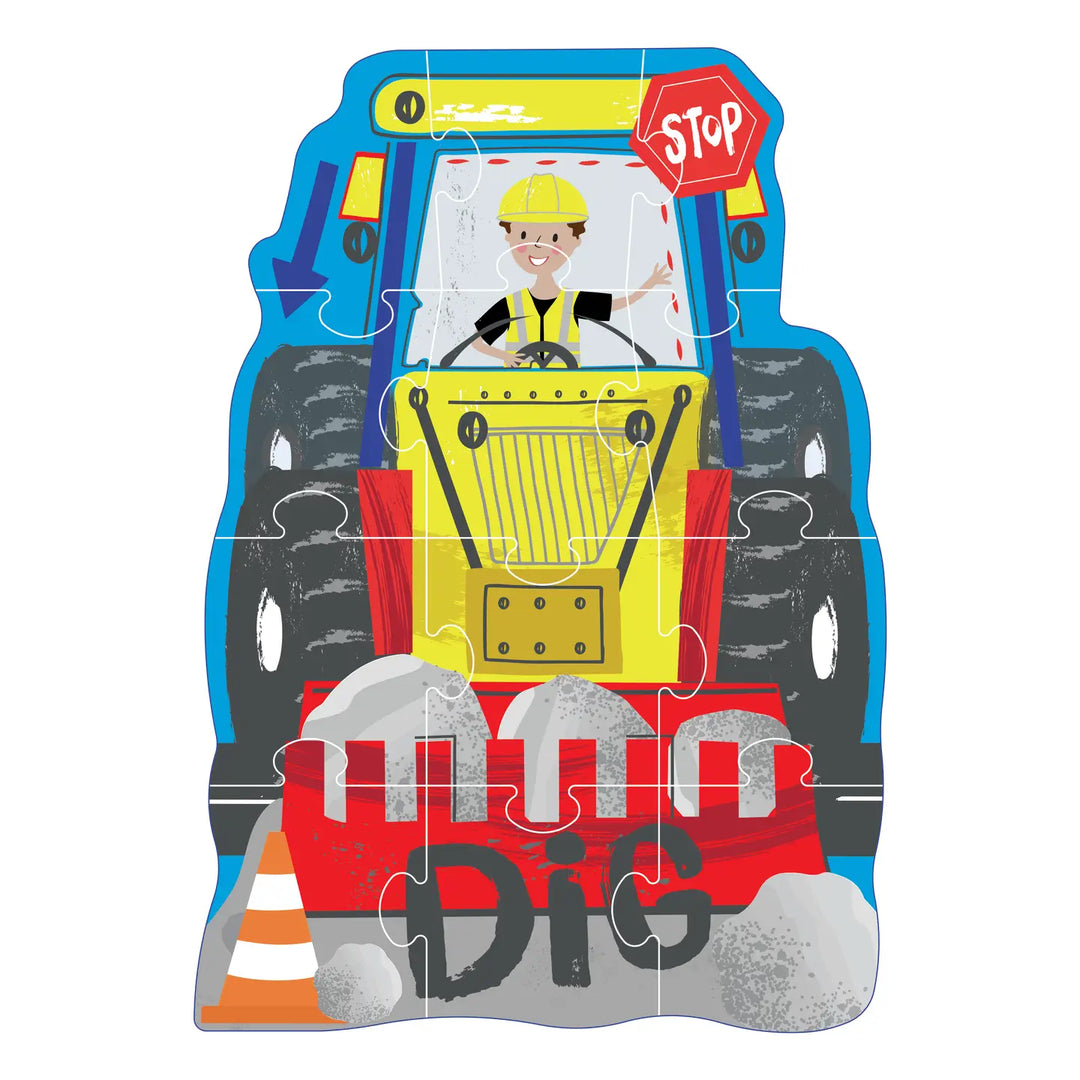 A children's jigsaw puzzle featuring a cartoon construction scene with a yellow tractor, a worker in the cab, a red stop sign, gray rocks, an orange-and-white traffic cone, and the word 'Dig' on a white background.