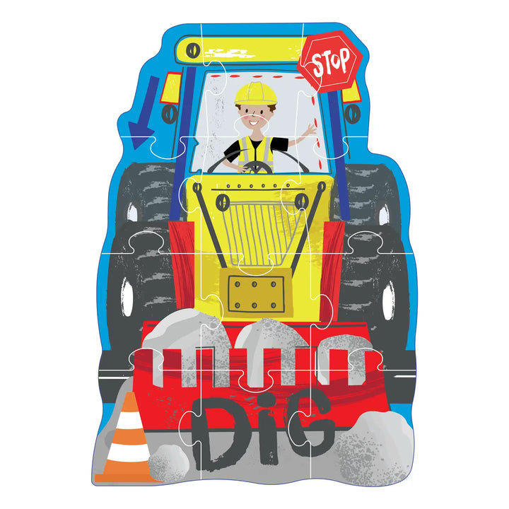 A children's jigsaw puzzle featuring a cartoon construction scene with a yellow tractor, a worker in the cab, a red stop sign, gray rocks, an orange-and-white traffic cone, and the word 'Dig' on a white background.