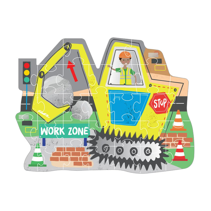 Children's puzzle with an excavator design featuring a construction worker and traffic elements.