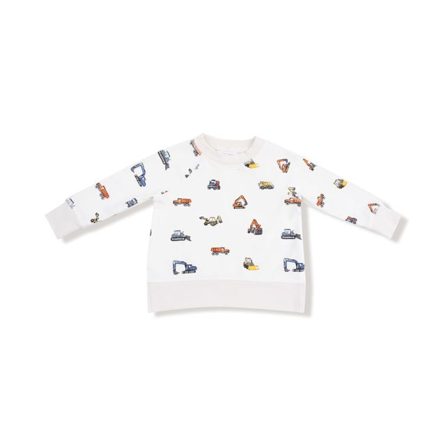 White long-sleeve shirt with colorful truck patterns on a white background