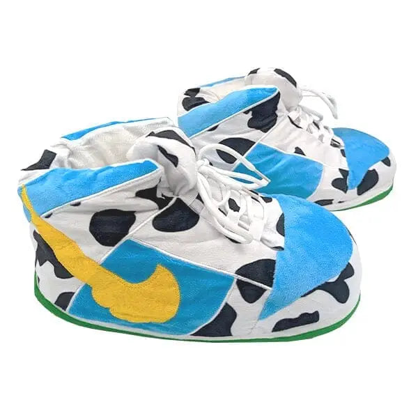 white high top slipper sneaker with cow print, blue tips and yellow nike check