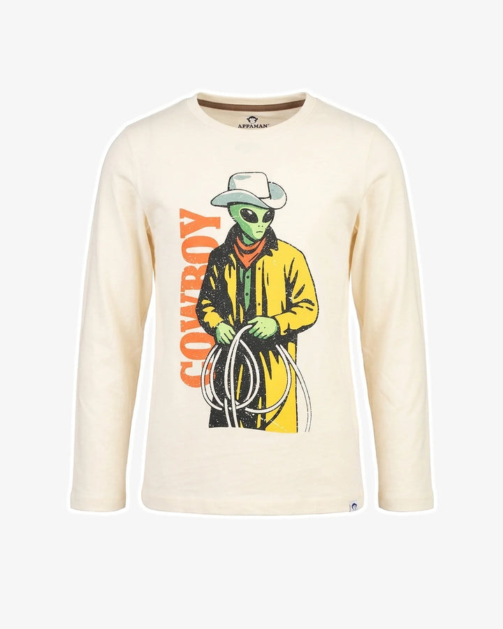 An off-white long-sleeve crewneck t-shirt featuring a graphic of a green alien dressed as a cowboy in a yellow jacket and white hat, with the word 'COWBOY' printed vertically in orange.
