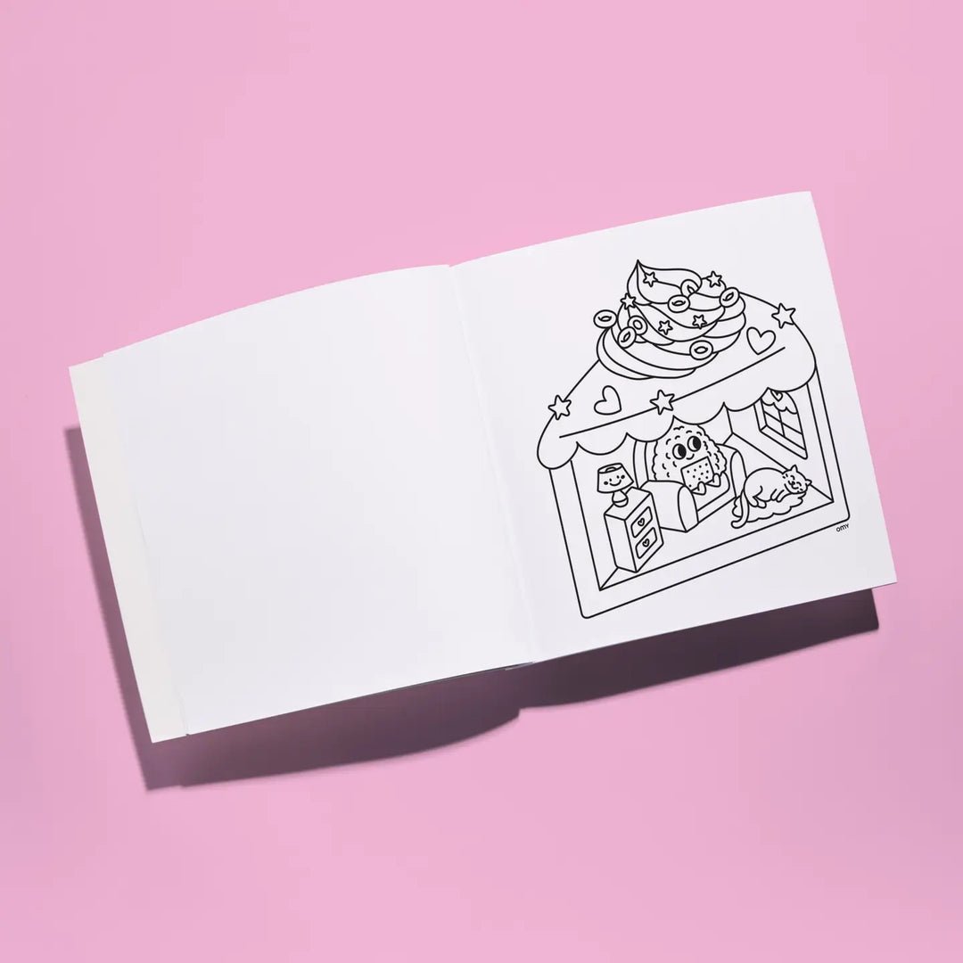 page in the coloring book with an illustration shaped like a piece of cake. 