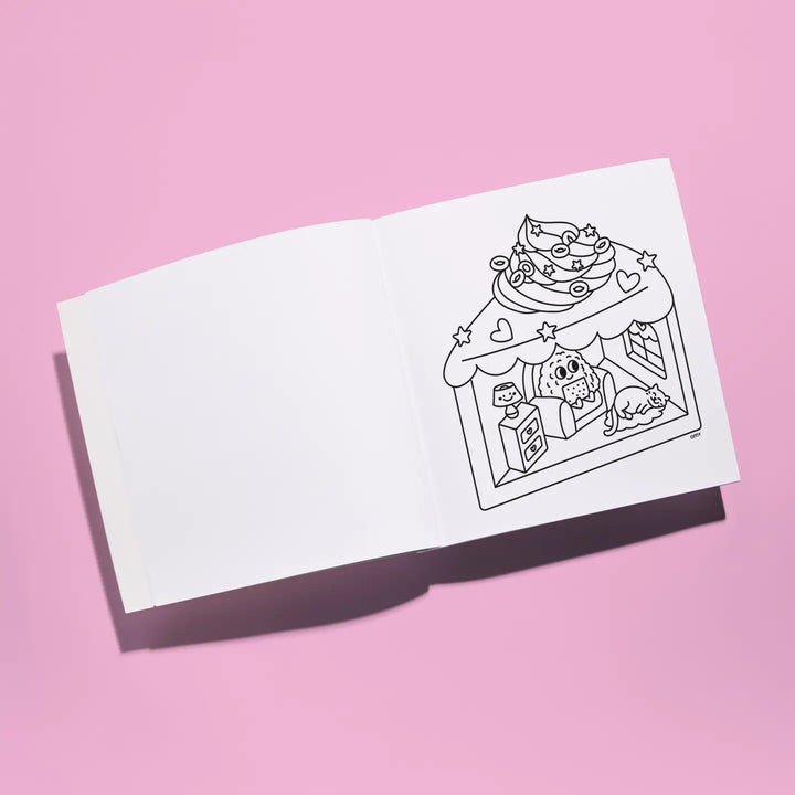 page in the coloring book with an illustration shaped like a piece of cake. 