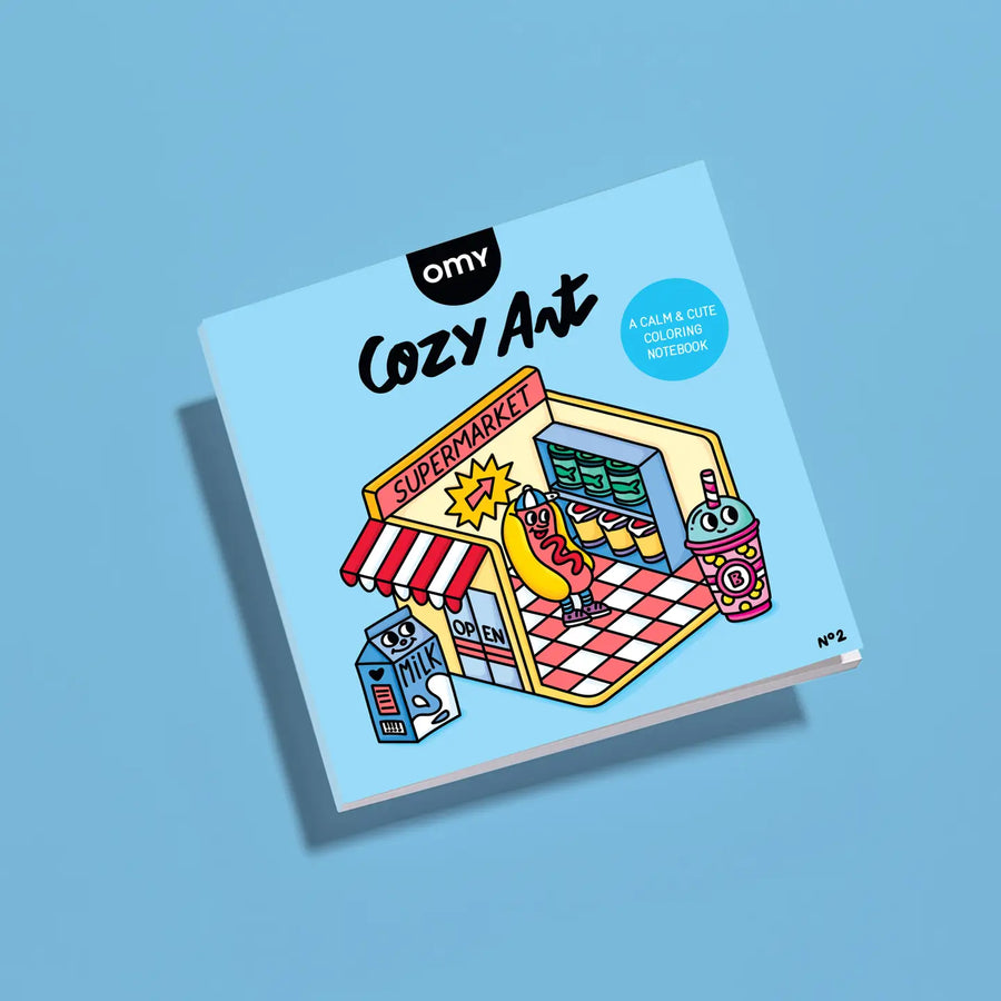 coloring book called cozy art that looks like a market with dancing food on it. 