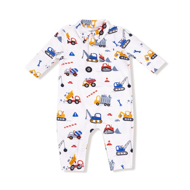 Baby polo romper onesie with construction vehicle pattern on a white background