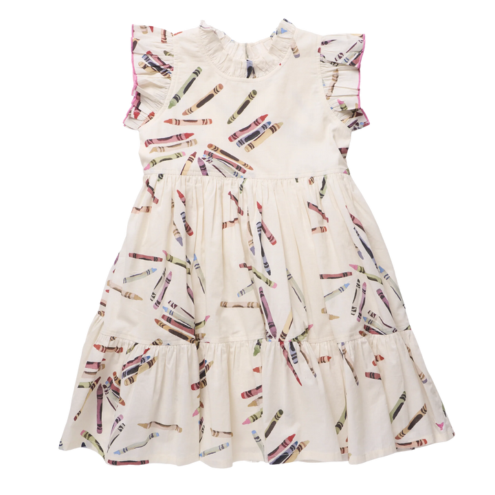 A tiered baby girl's dress in cream with an all-over crayon print, featuring ruffled cap sleeves and a ruffled neckline.