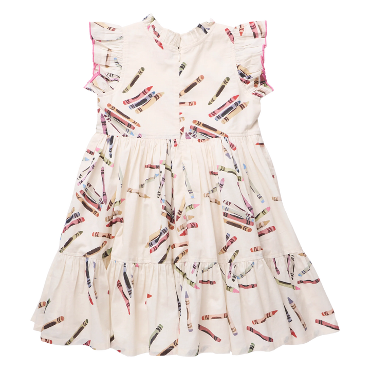 A sleeveless tiered dress for toddlers or girls, featuring an off-white/cream base with a colorful crayon print and pink ruffled trim along the shoulders.