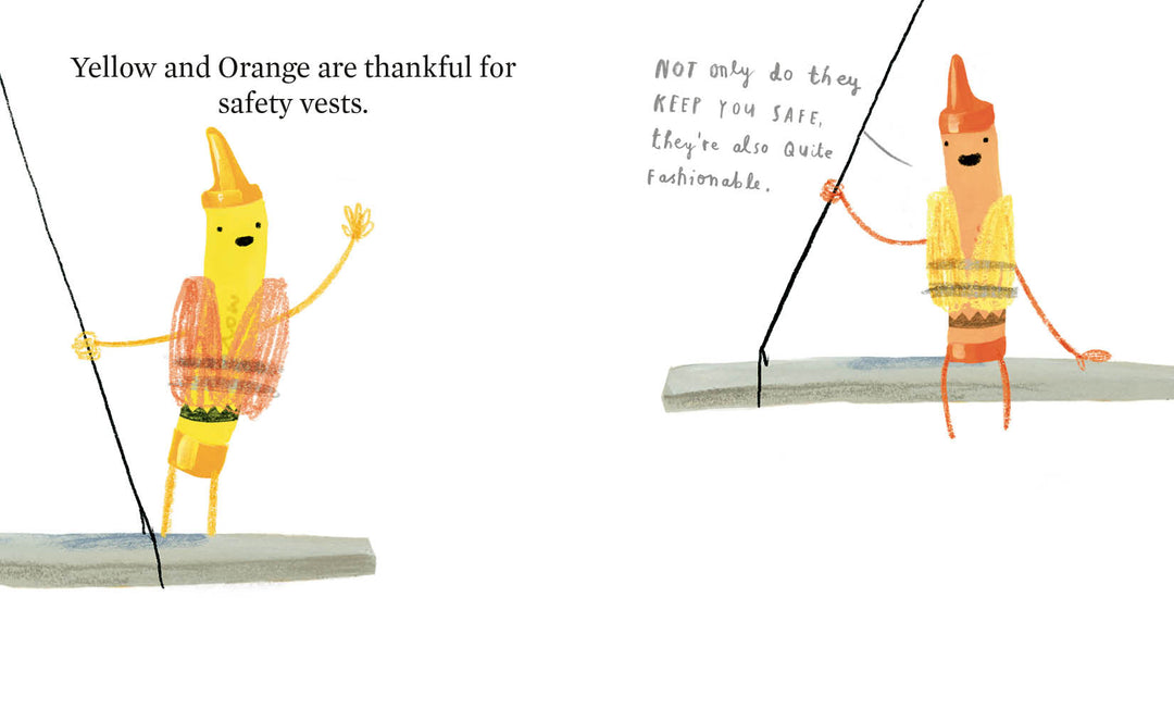A two-panel illustration on a white background showing a yellow crayon-like character wearing an orange safety vest while balancing on a board, with handwritten text reading 'Yellow and Orange are thankful for safety vests.'.