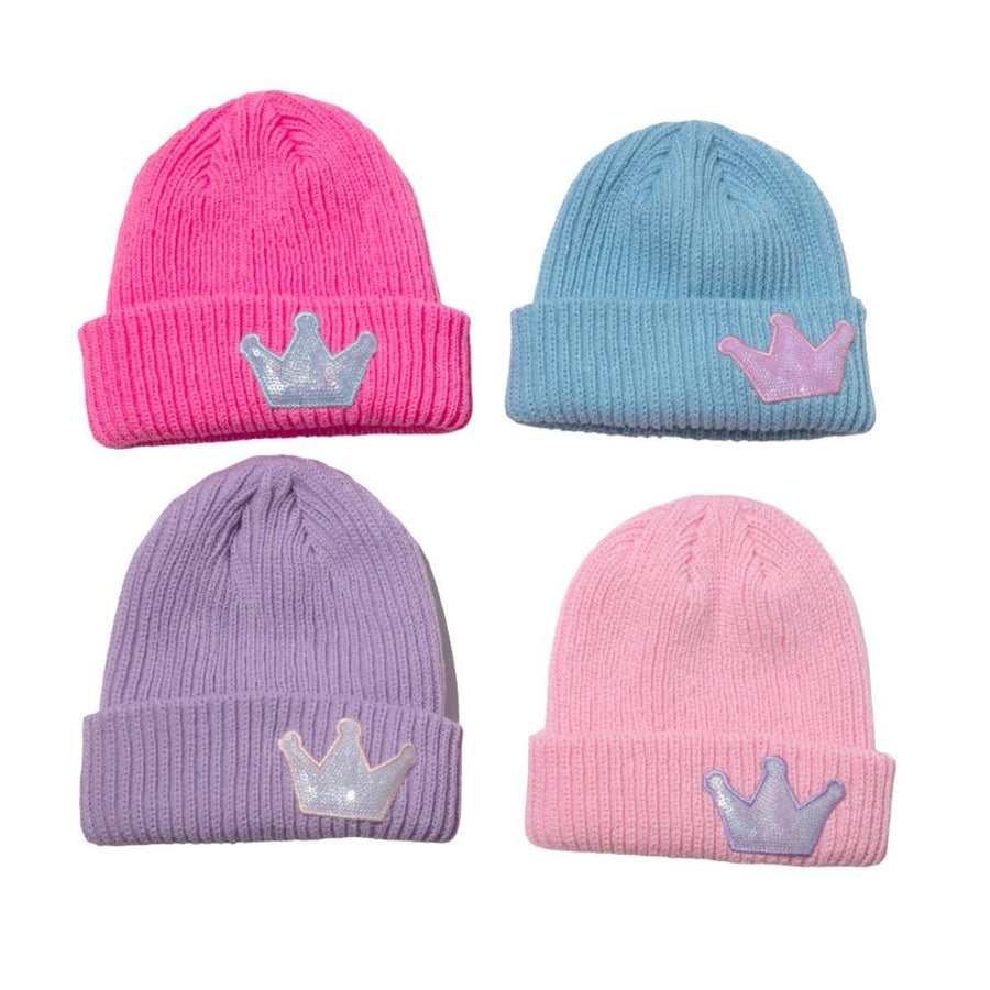 soft beanies that come in 4 colors: light blue, light pink, hot pink, and lavender. each have a sequin crown applique