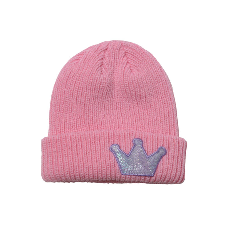 light pink beanie with lavender crown sequin applique 