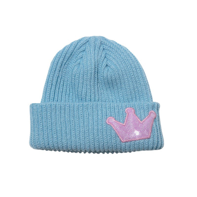 light blue beanie with lavender crown applique