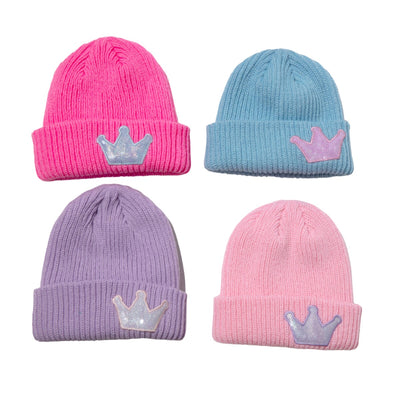 soft beanies that come in 4 colors: light blue, light pink, hot pink, and lavender. each have a sequin crown applique