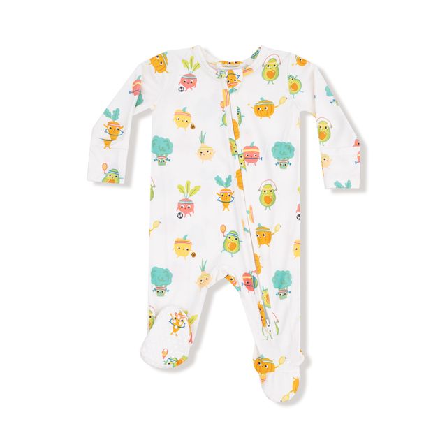 Baby onesie with colorful vegetables working out 