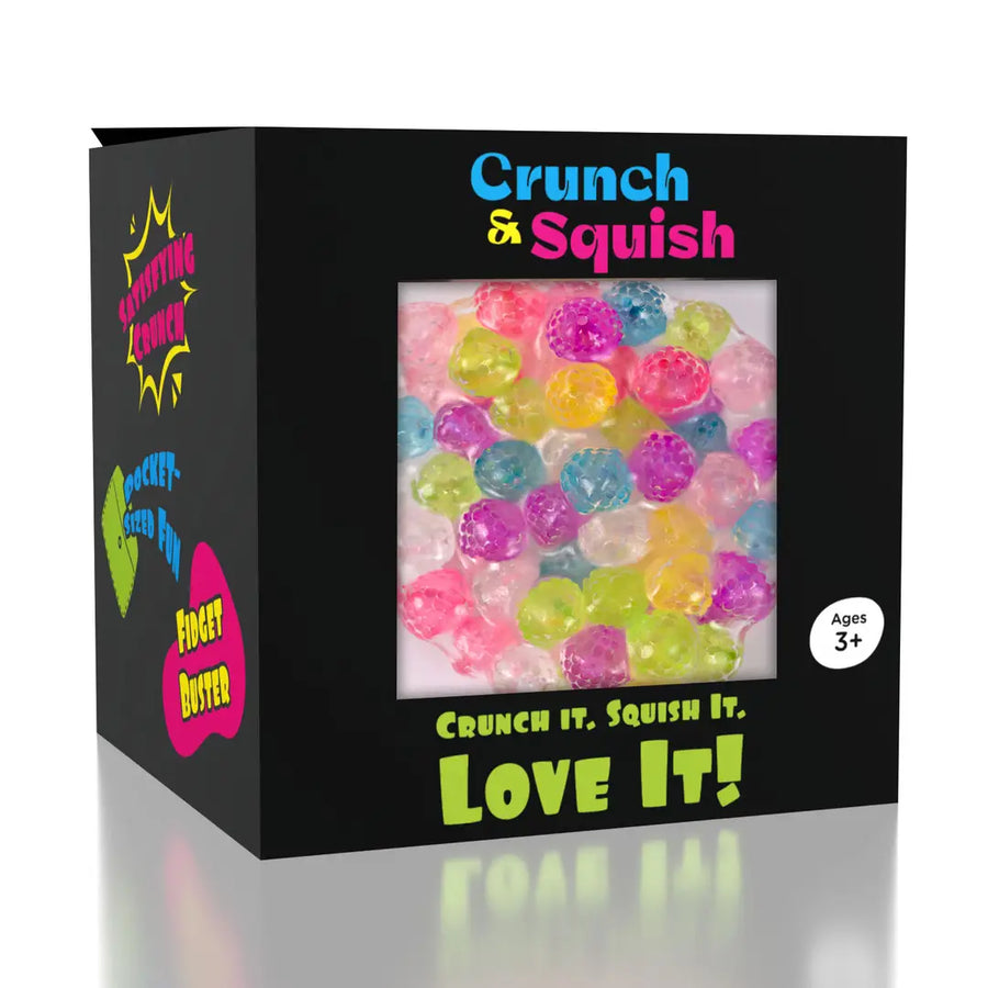 Box of Crunch & Squish gummy bears with colorful text and a clear window showing the product.