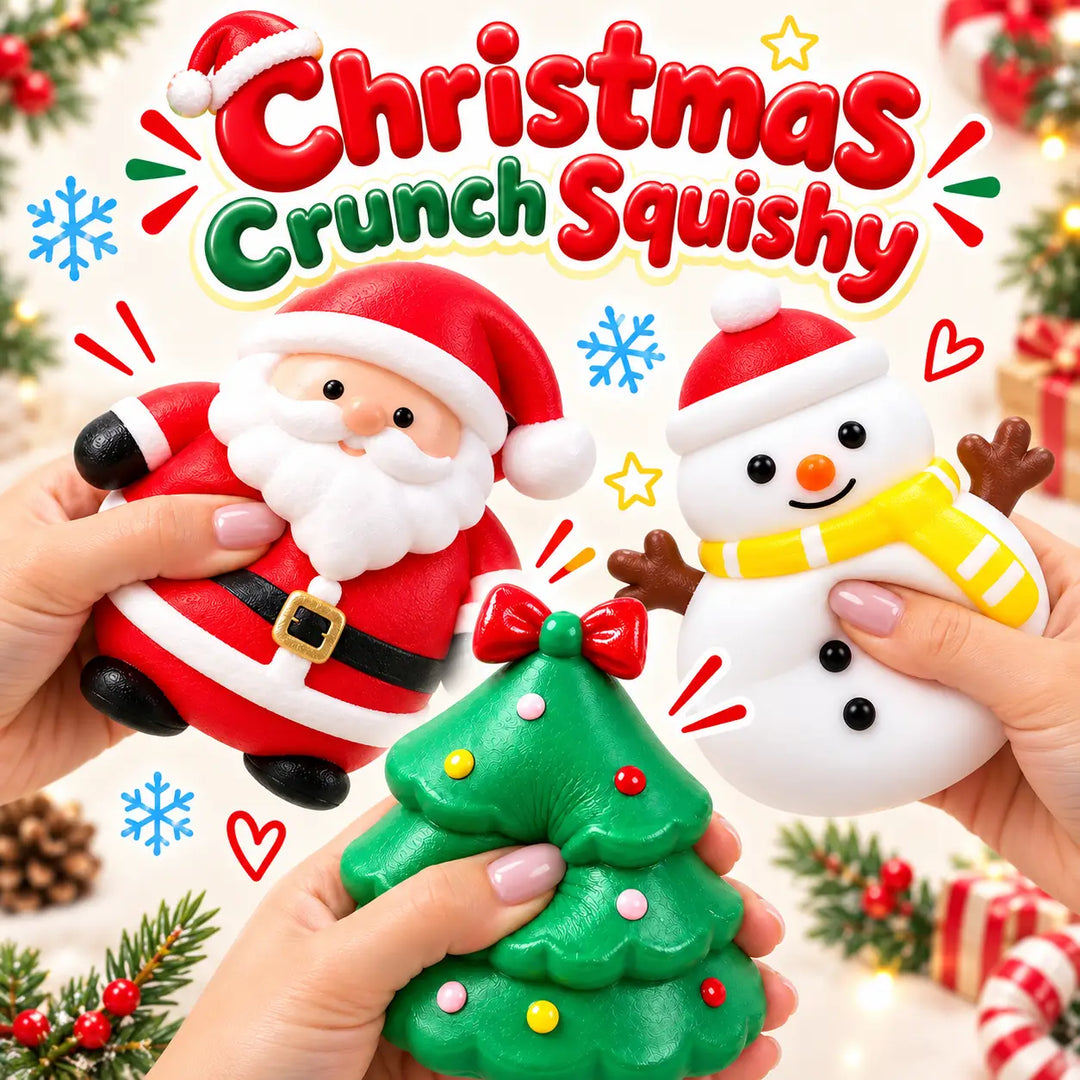 Three Christmas-themed squishy toys being held by hands: a Santa Claus figure, a snowman figure, and a green Christmas tree. Large text at the top reads 'Christmas Crunch Squishy' with festive decorations in the background.