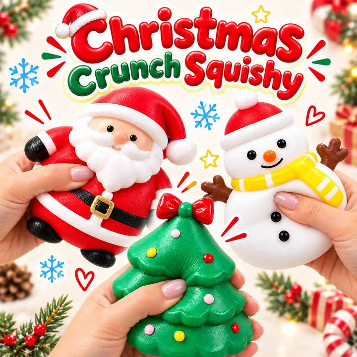 Three Christmas-themed squishy toys being held by hands: a Santa Claus figure, a snowman figure, and a green Christmas tree. Large text at the top reads 'Christmas Crunch Squishy' with festive decorations in the background.