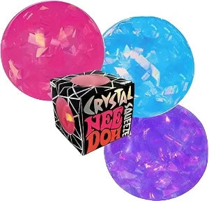 Squeeze balls with sparkly crystals in them, comes in pink, blue and purple.