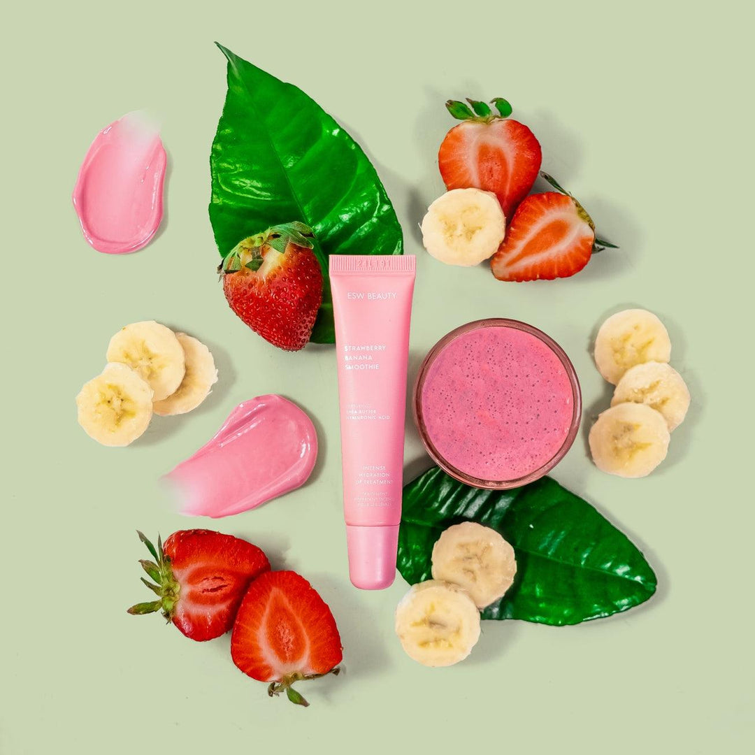 lip balm with a sheer pink finish in a strawberry banana flavor