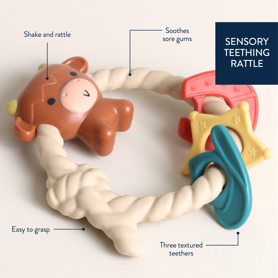 Sensory teething rattle with features labeled on a light background