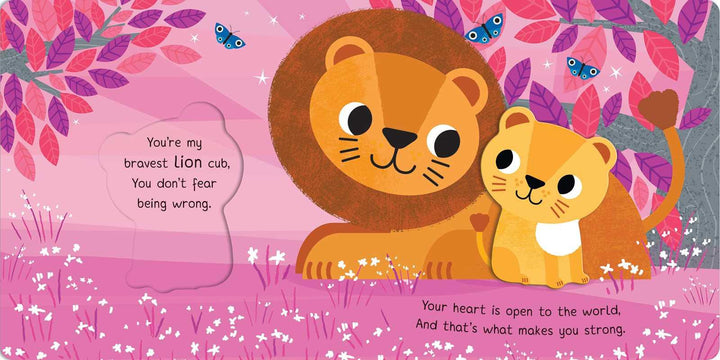 inside pages showing a mom lion and baby cub cuddling. 