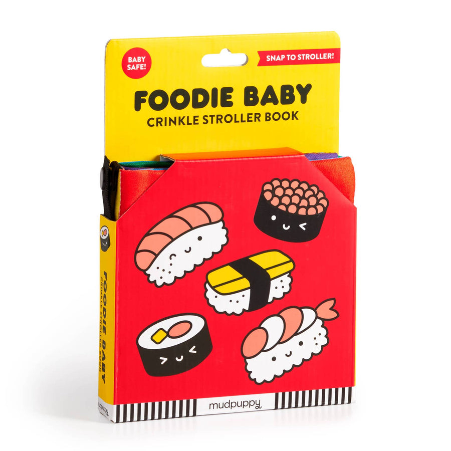 Mudpuppy 'Foodie Baby' crinkle stroller book packaging with sushi illustrations on a white background