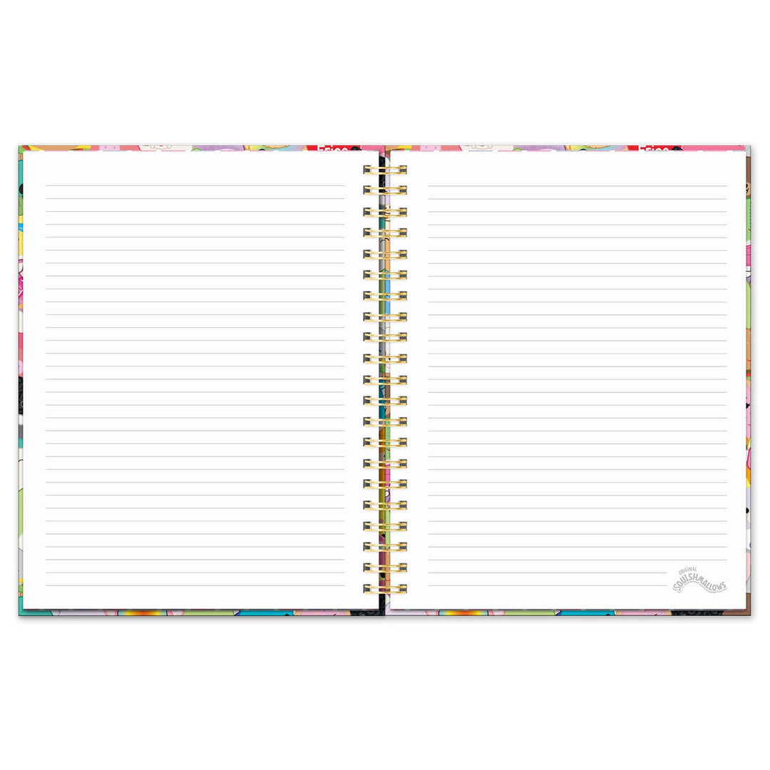 Open notebook with lined pages and colorful border on a white background