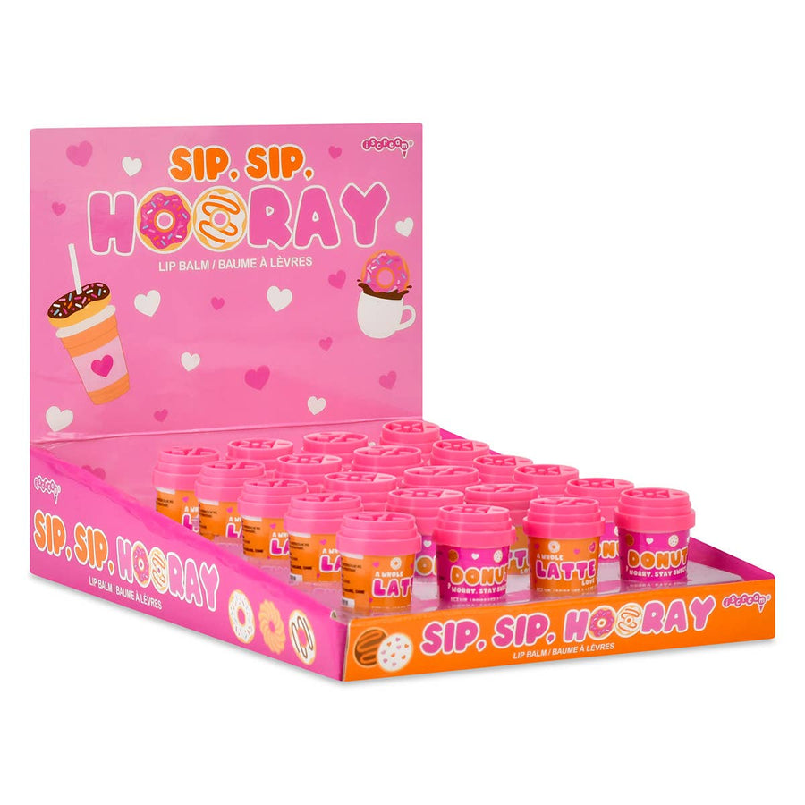 Display box of Sip Sip Hooray lip balms with pink and orange design.