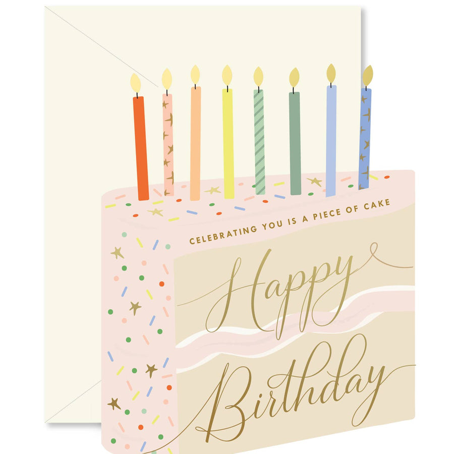 Birthday card with colorful candles and 'Happy Birthday' text on a beige background